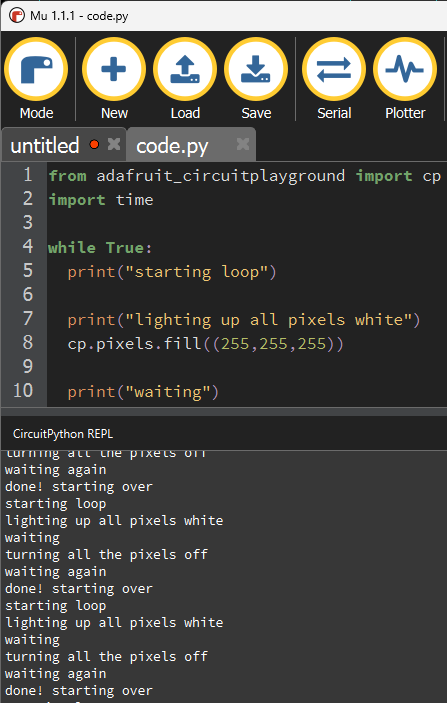 screenshot (on Windows) of Mu with print statements from the code above