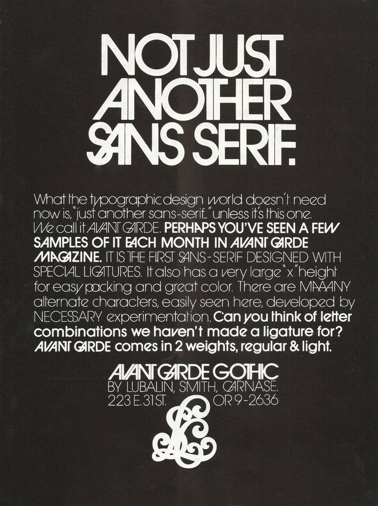 An image of an advertisment of Avant Garde showcasing the ligatures